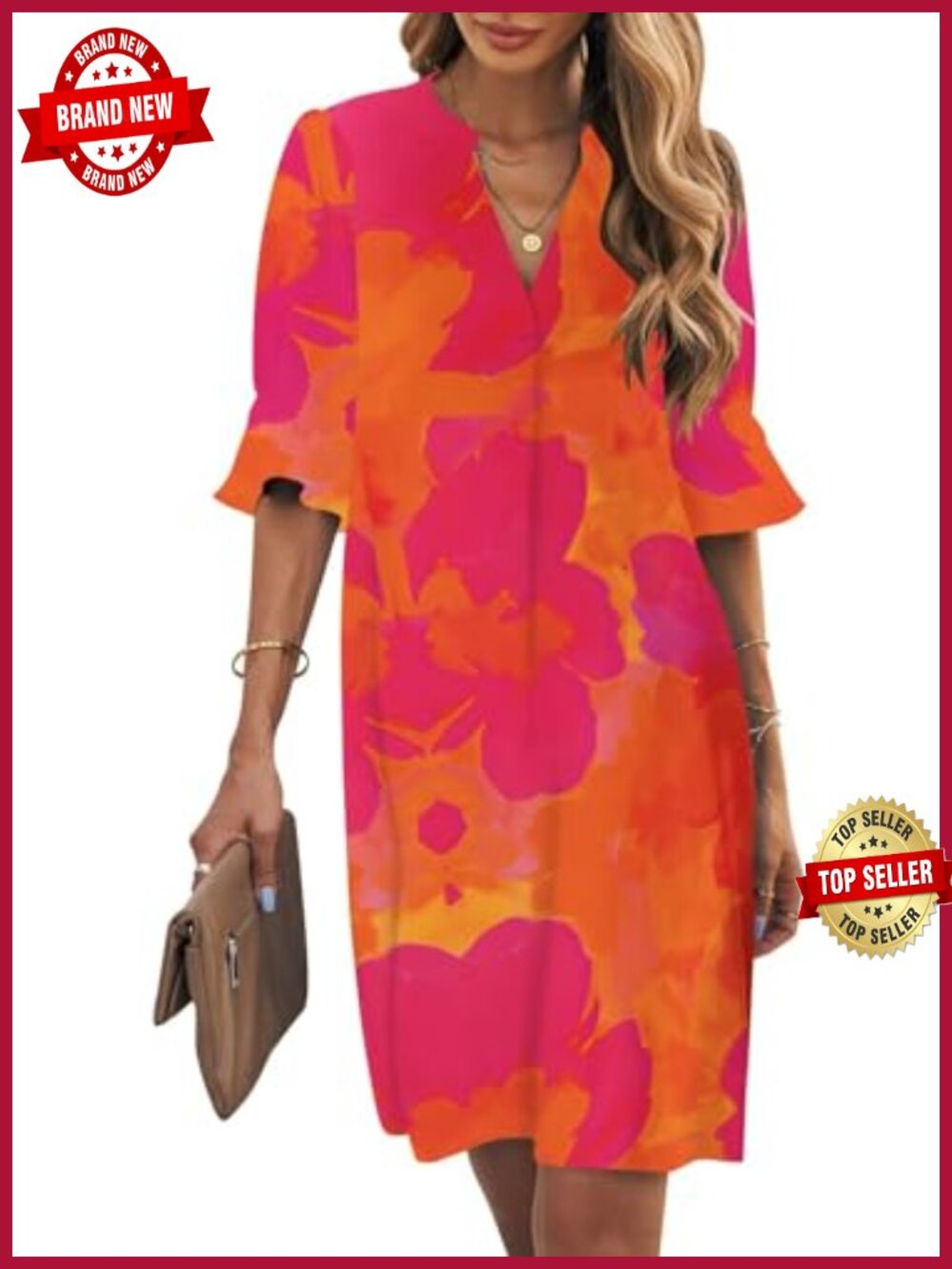 Women's Ruffle Short Sleeve V Neck Shift Dress Polyester
